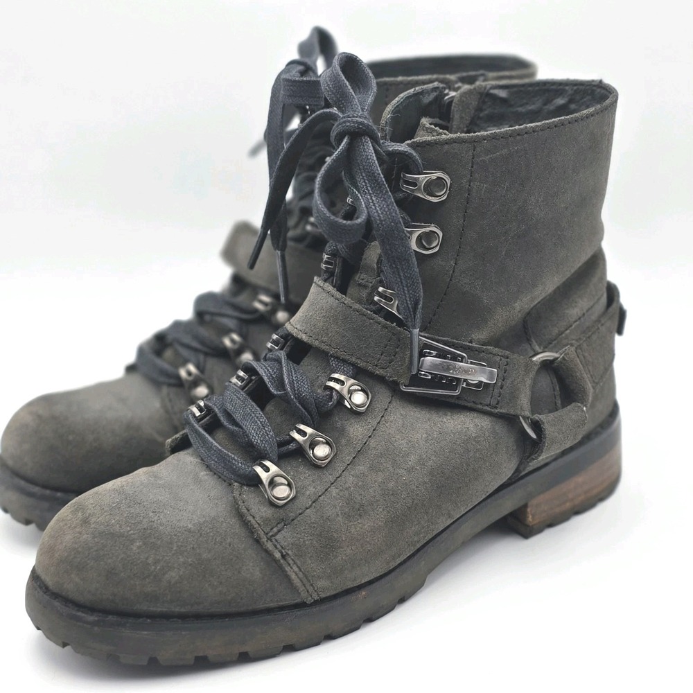 UGG Fritzi Combat Boots 8 Green Suede Sherpa Harness Buckle Zip Moto Lace Up